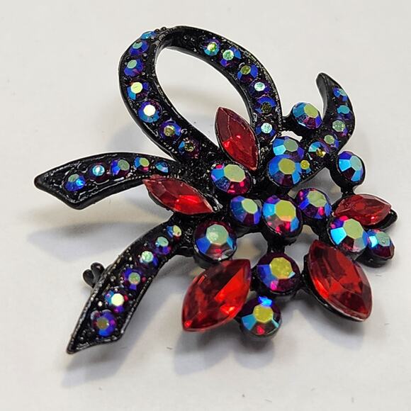 Aurora Borealis Rhinestone Floral Bow Brooch Pin Black Metal Gothic Vamp Jewelry - Picture 2 of 4